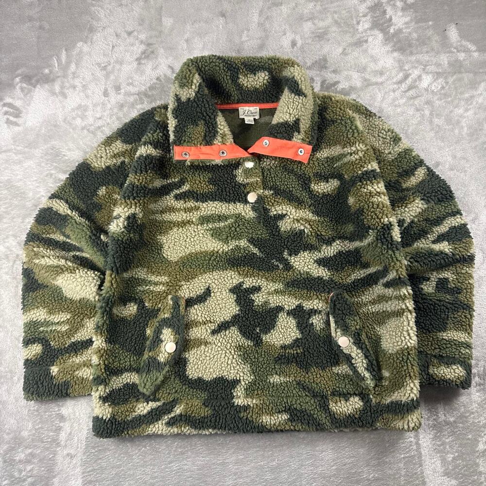 J.Crew Vintage Fleece Camo Sherpa Pullover Women’s Small Snap Neck